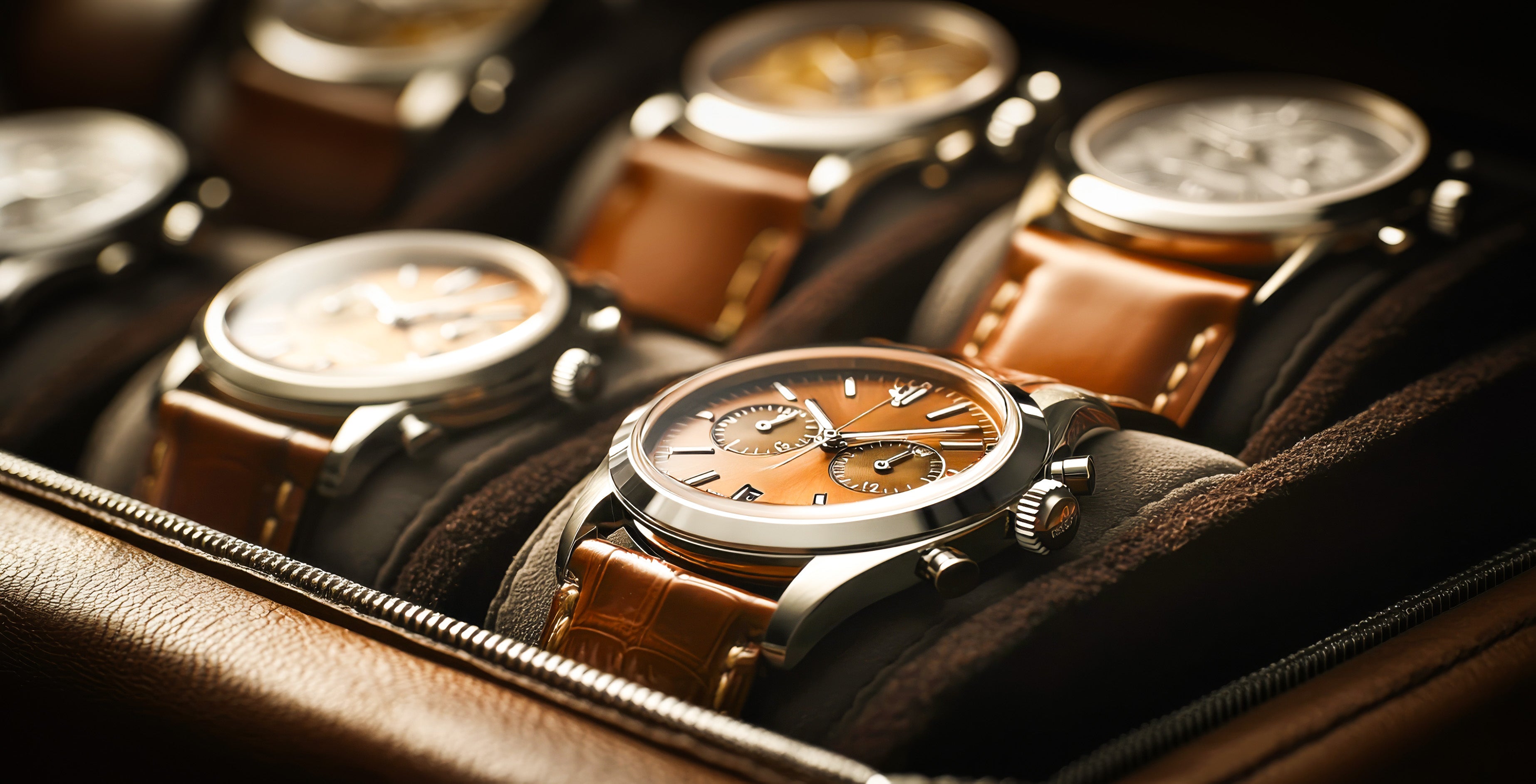 Boîte de montre haut de gamme en cuir marron dans laquelle sont rangées des montres vintage.